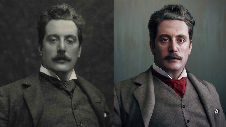 Links: Giacomo Puccini im Jahr 1900 © Archivio Storico Ricordi, Rechts: Artwork von Hadi Karimi und Leila Khalili © Bertelsmann 